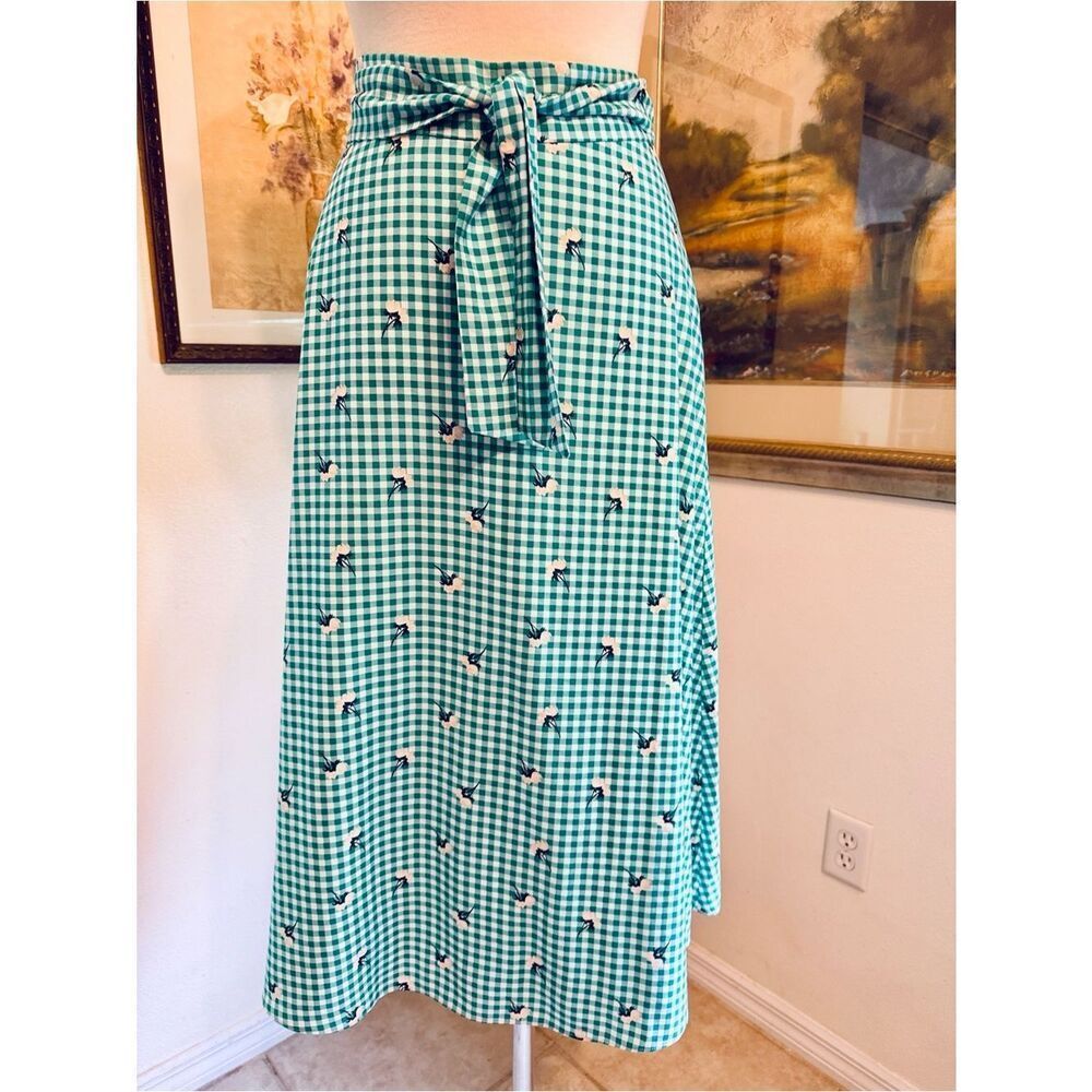 ANN TAYLOR Factory Green/White Checker Floral Tie-Waist Skirt Size 12 - Picture 6 of 15